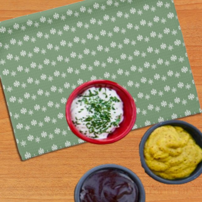 Rustic Sage Green and White Snowflakes Tea Towel (Creator Uploaded)