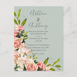 Rustic Sage Green Blush Floral Vintage Wedding Invitation Postcard