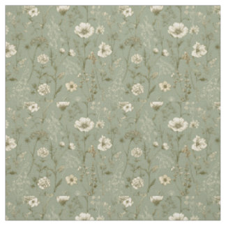 Rustic Sage Green Botanical Bold Vintage Floral Fabric