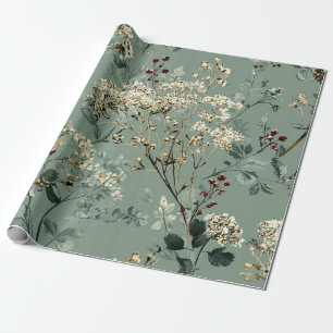 Rustic Sage Green Botanical Bold Vintage Floral Wrapping Paper