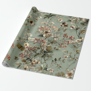 Rustic Sage Green Botanical Bold Vintage Floral Wrapping Paper