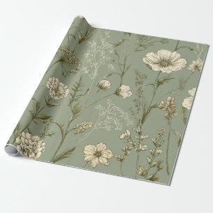 Rustic Sage Green Botanical Bold Vintage Floral Wrapping Paper