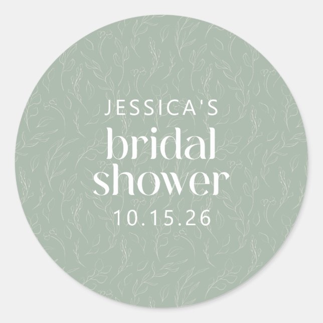 Rustic Sage Green Botanical Floral Bridal Shower  Classic Round Sticker (Front)