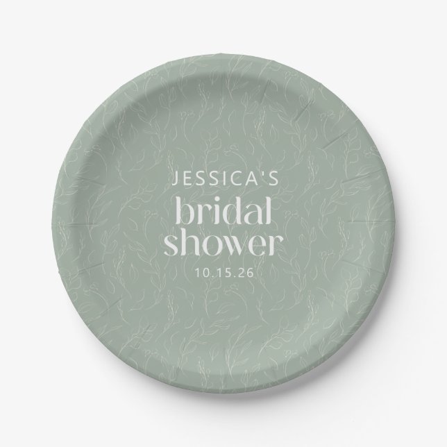 Rustic Sage Green Botanical Floral Bridal Shower  Paper Plate (Front)