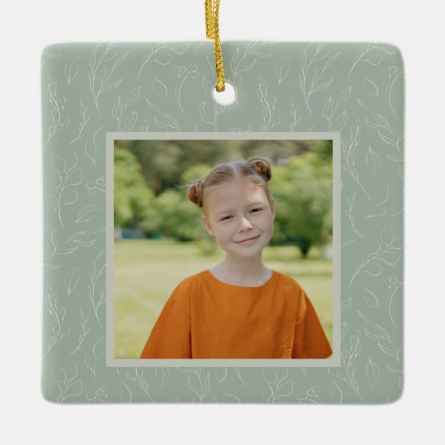 Rustic Sage Green Botanical Floral Custom Photo   Ceramic Ornament (Front)