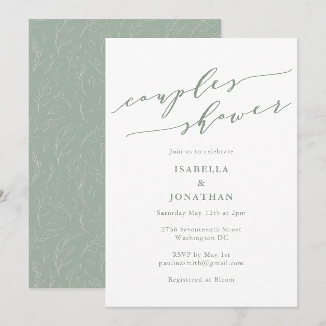 Rustic Sage Green Botanical Script Couples Shower Invitation (Front/Back)