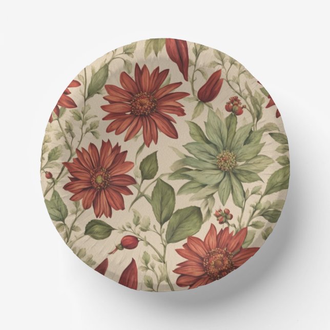 Rustic Sage Green & Burgundy Red Floral Autumn Paper Plate (Front)