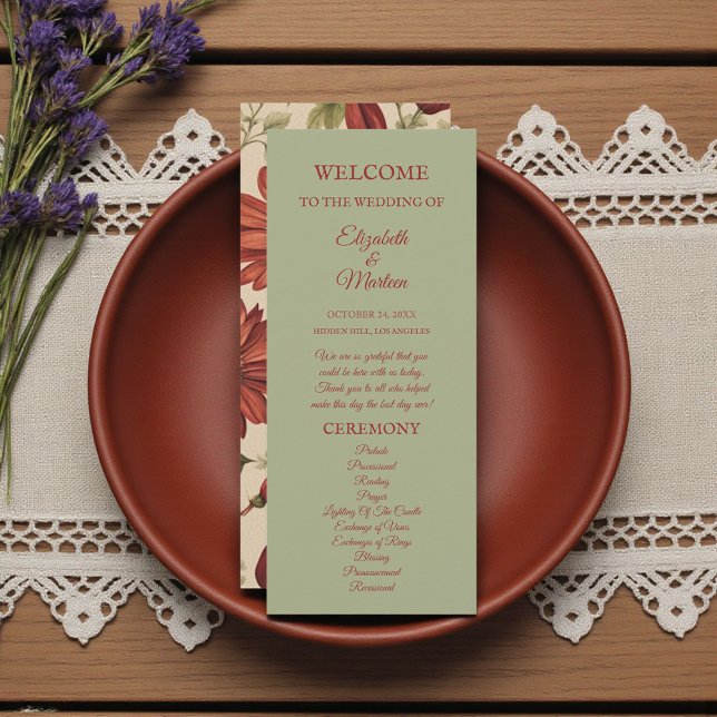 Rustic Sage Green & Burgundy Red Floral Autumn Programme (Creator Uploaded)