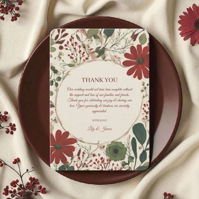 Rustic Sage Green & Burgundy Red Floral Autumn  Thank You Card (Creator Uploaded)