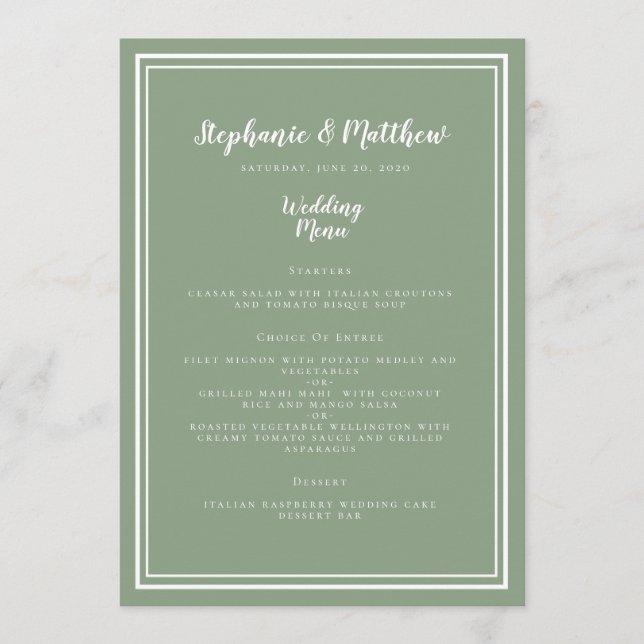 Rustic Sage Green Calligraphy Wedding Dinner  Menu (Front)