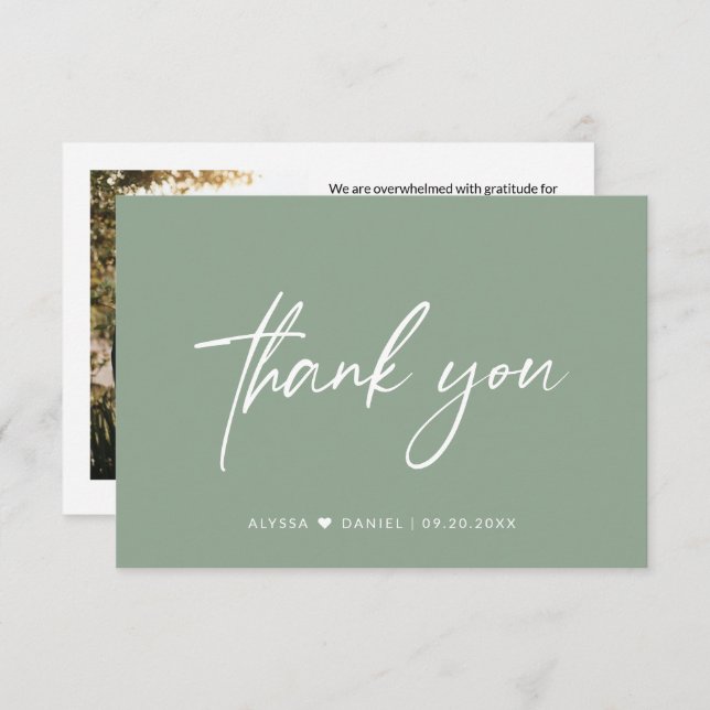 Rustic Sage Green casual Script wedding photo Thank You Card (Front/Back)