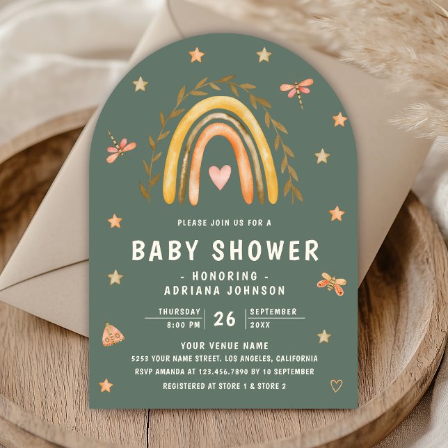 Rustic Sage Green Earthy Rainbow Arch Baby Shower Invitation (Creator Uploaded)
