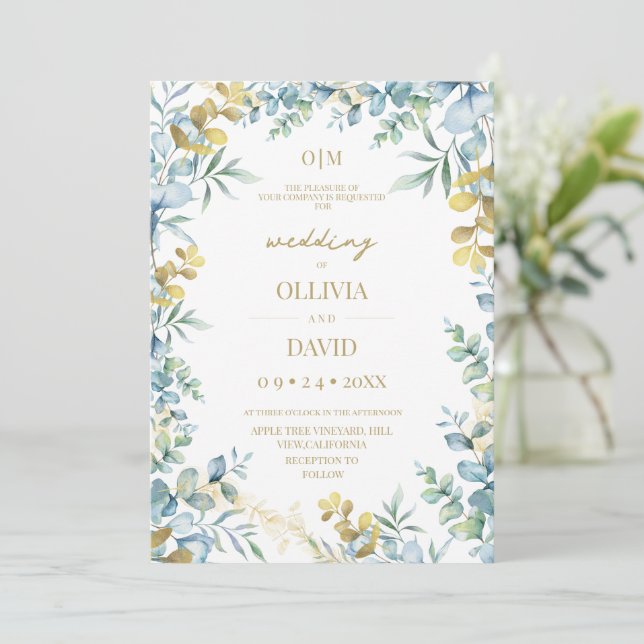 Rustic Sage Green Eucalyptus Modern Wedding  Invitation (Standing Front)