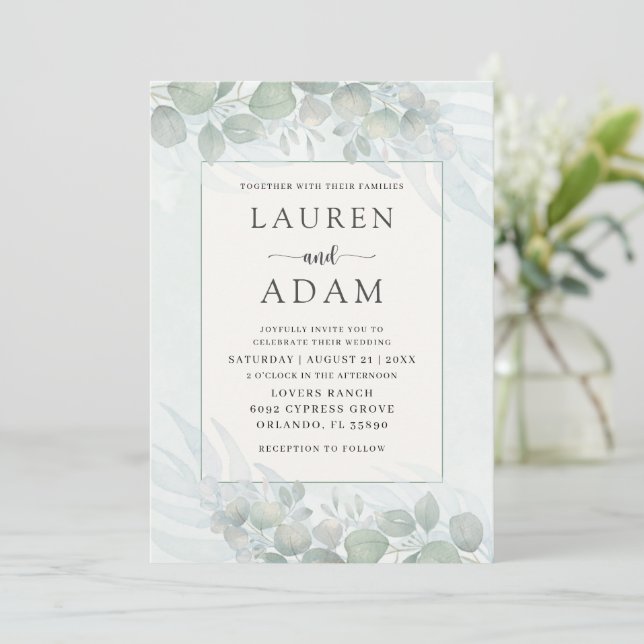 Rustic Sage Green Eucalyptus Watercolor Wedding Invitation (Standing Front)