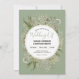 Rustic Sage Green Faux Pressed Flowers Wedding Invitation