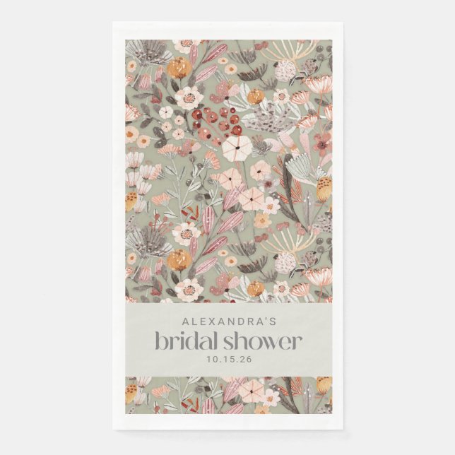 Rustic Sage Green Floral Boho Bridal Shower Custom Napkin (Front)