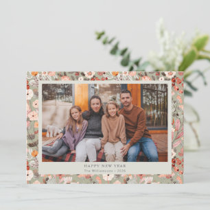 Rustic Sage Green Floral Boho Photo New Year Holiday Card