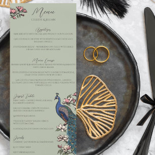 Rustic Sage Green Floral Peacock Bird Wedding Menu