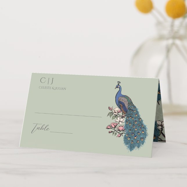 Rustic Sage Green Floral Peacock Wedding Place Card (Rustic Floral Blue Teal Peacock on Magnolia Branch in Full Bloom with Flowers in Elegant Sage Green.)