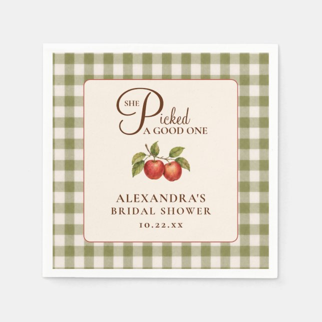Rustic Sage Green Gingham Apple Bridal Shower Napkin (Front)
