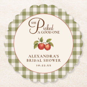 Rustic Sage Green Gingham Apple Bridal Shower Paper Coaster