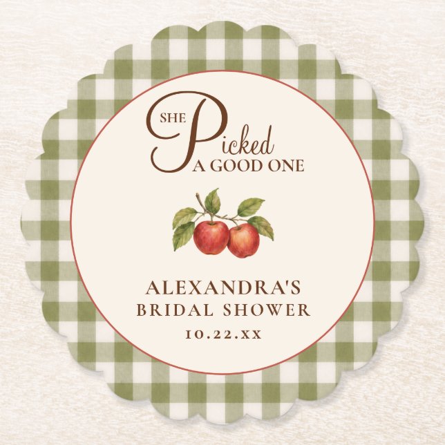 Rustic Sage Green Gingham Apple Bridal Shower Paper Coaster (Front)