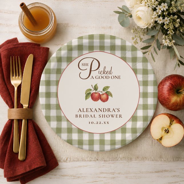 Rustic Sage Green Gingham Apple Bridal Shower Paper Plate (Creator Uploaded)