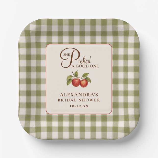 Rustic Sage Green Gingham Apple Bridal Shower Paper Plate (Front)
