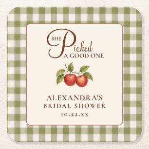 Rustic Sage Green Gingham Apple Bridal Shower Square Paper Coaster