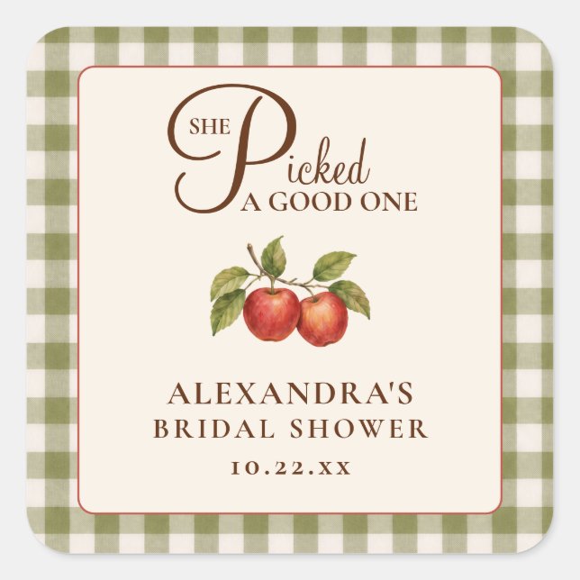 Rustic Sage Green Gingham Apple Bridal Shower Square Sticker (Front)