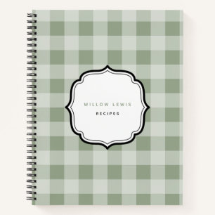 Rustic Sage Green Gingham Plaid Pattern Recipe Notebook