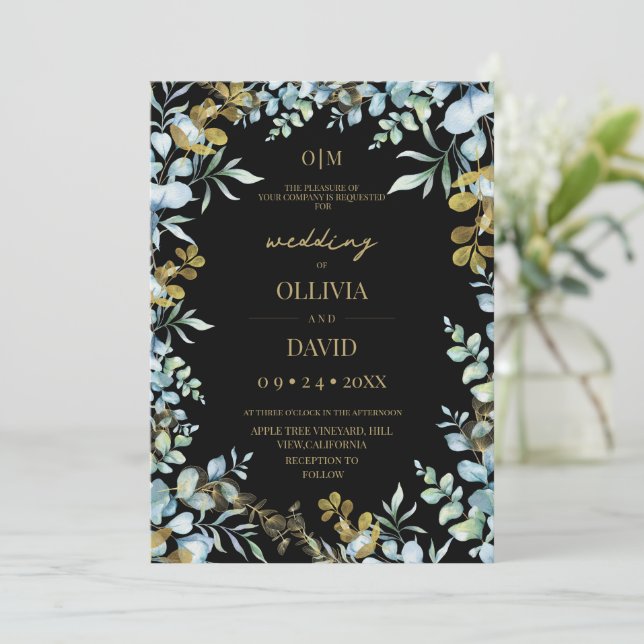 Rustic Sage Green Gold Eucalyptus Modern Wedding  Invitation (Standing Front)