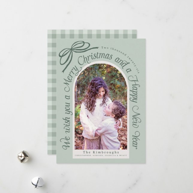 Rustic Sage Green Ivory Bow Photo Holiday Card (Front/Back In Situ)