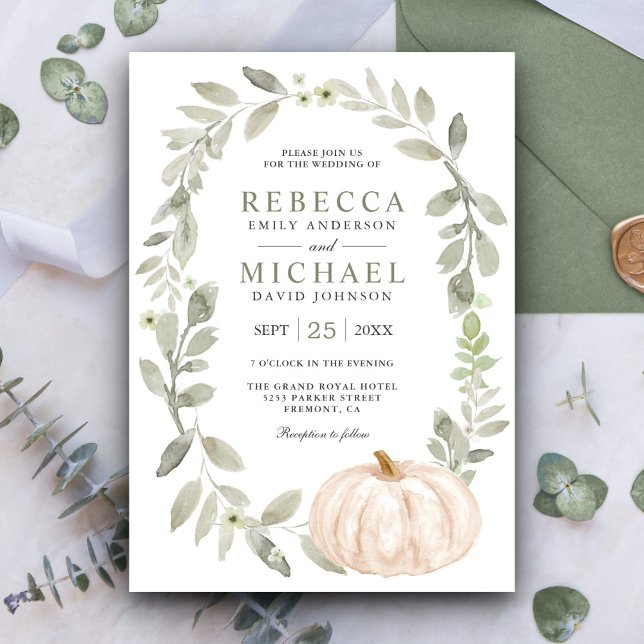 Rustic Sage Green Leaves White Pumpkin Wedding Invitation (Creator Uploaded)