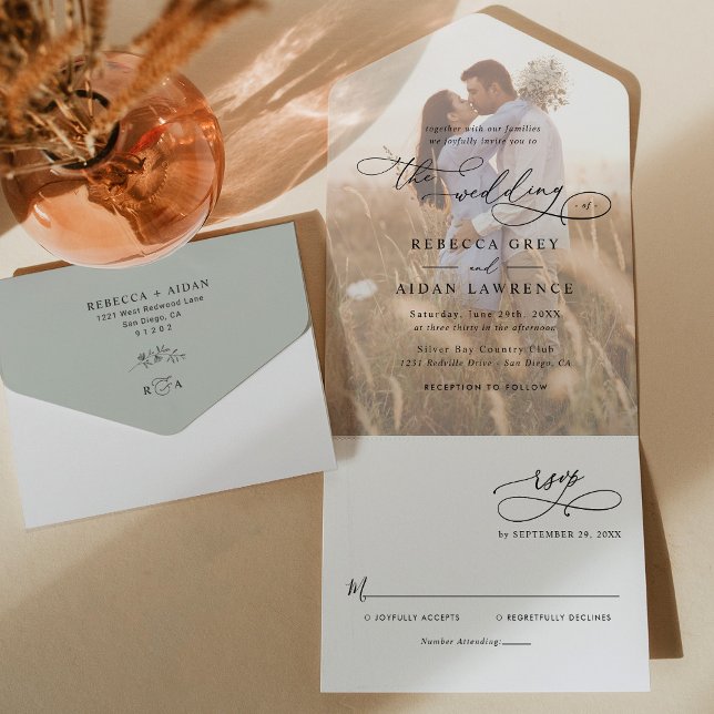 Rustic Sage Green Modern Photo Wedding All In One Invitation (Creator Uploaded)