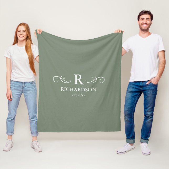 Rustic Sage Green Monogram  Fleece Blanket (In Situ)