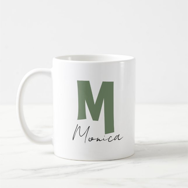 Rustic Sage Green Monogram Letter M Personalised  Coffee Mug (Left)
