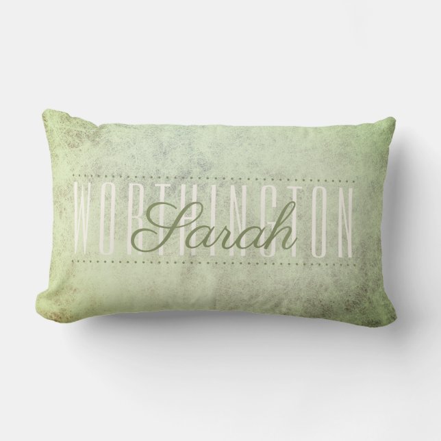 Rustic Sage Green Mottled Texture Name Monogram Lumbar Cushion (Front)