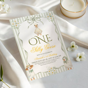 Rustic Sage Green One Silly Goose 1st Birthday Invitation