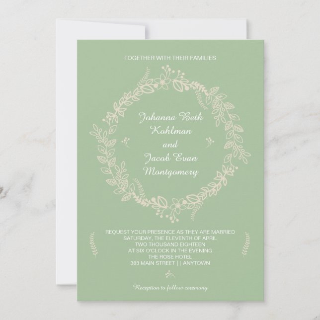 Rustic Sage Green Outlined Floral Wreath Wedding Invitation (Front)