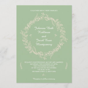 Rustic Sage Green Outlined Floral Wreath Wedding Invitation