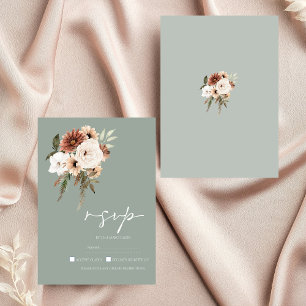 Rustic Sage Green Peach Floral Wedding RSVP Card