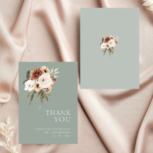 Rustic Sage Green Peach Floral Wedding Thank You Card
