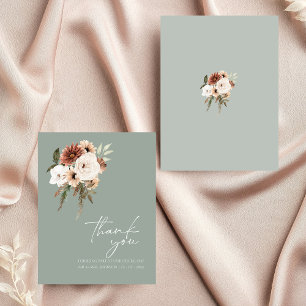 Rustic Sage Green Peach Floral Wedding Thank You Card