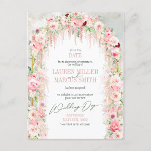 Rustic Sage Green & Pink Floral Arch Delay Date Postcard