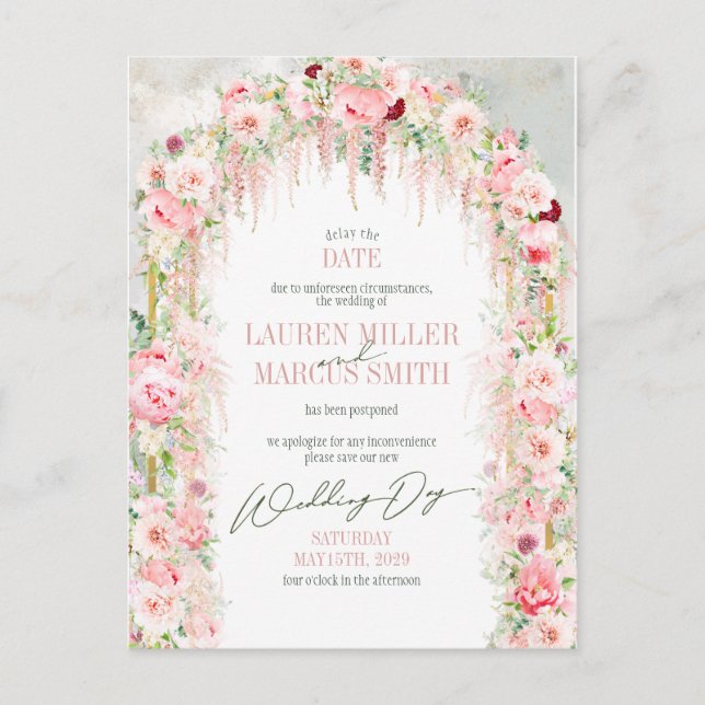 Rustic Sage Green & Pink Floral Arch Delay Date Postcard (Front)