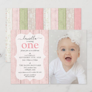 Rustic Sage Green Pink Floral Wood Birthday Photo Invitation