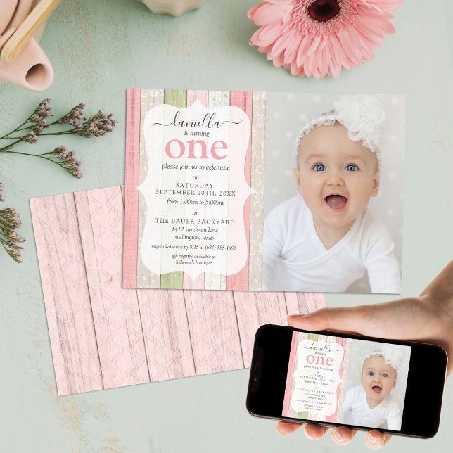 Rustic Sage Green Pink Floral Wood Birthday Photo  Invitation (Creator Uploaded)