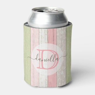 Rustic Sage Green & Pink Floral Wood Personalised Can Cooler