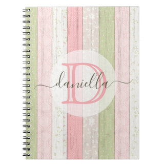 Rustic Sage Green & Pink Floral Wood Personalised Notebook